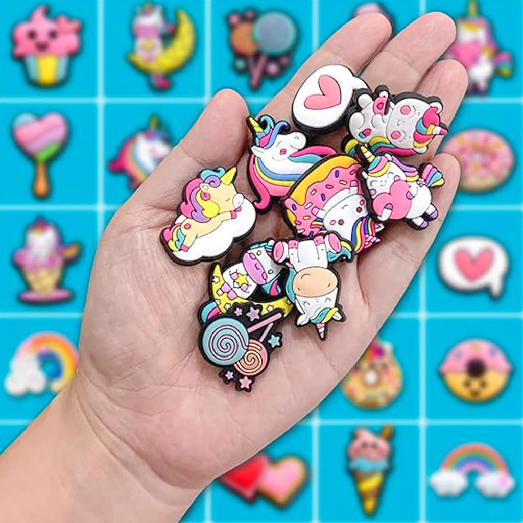 HASTHIP 25pcs Clog Slippers Charms, Pink Shoe Decoration Charms for Clog Sandals, Cute Unicorn Rainbow Shoe Accessories Charms for Girls Women Party Gifts and Holiday