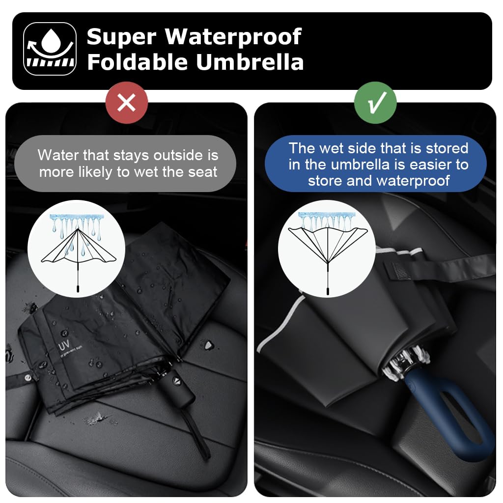 PALAY Large Umbrella for Men Women with Reflective Strap, 50'' Automatic Open/Close Windproof Travel Folding Umbrella, Reinforced 10 Dual Ribs, 99 UV Protection Umbrella with Carabiner Handle Design