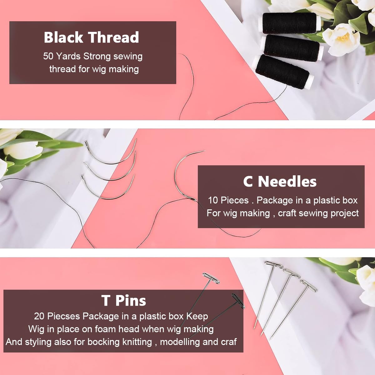 MAYCREATE Hair Extensions Clip Wig Making Set 85pcs DIY Hair Extension Tools Kit with 50 Snap Clips, 10 Curved Needles, 20 T-Pins, 3 Rolls Weaving Thread, 2 Needle Threader