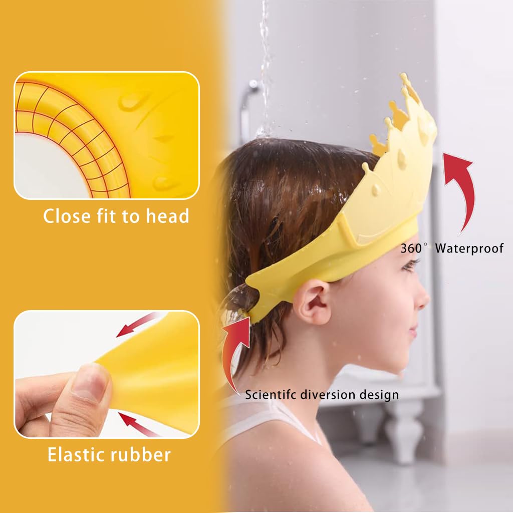 SNOWIE SOFT Baby Shower Cap Hair Brush Rinse Cup Soft Silicone Crown Cap Bath Cap Protecting Eye & Ear Adjustable Baby Shower Crown Cap Baby Shower Gift, Yellow