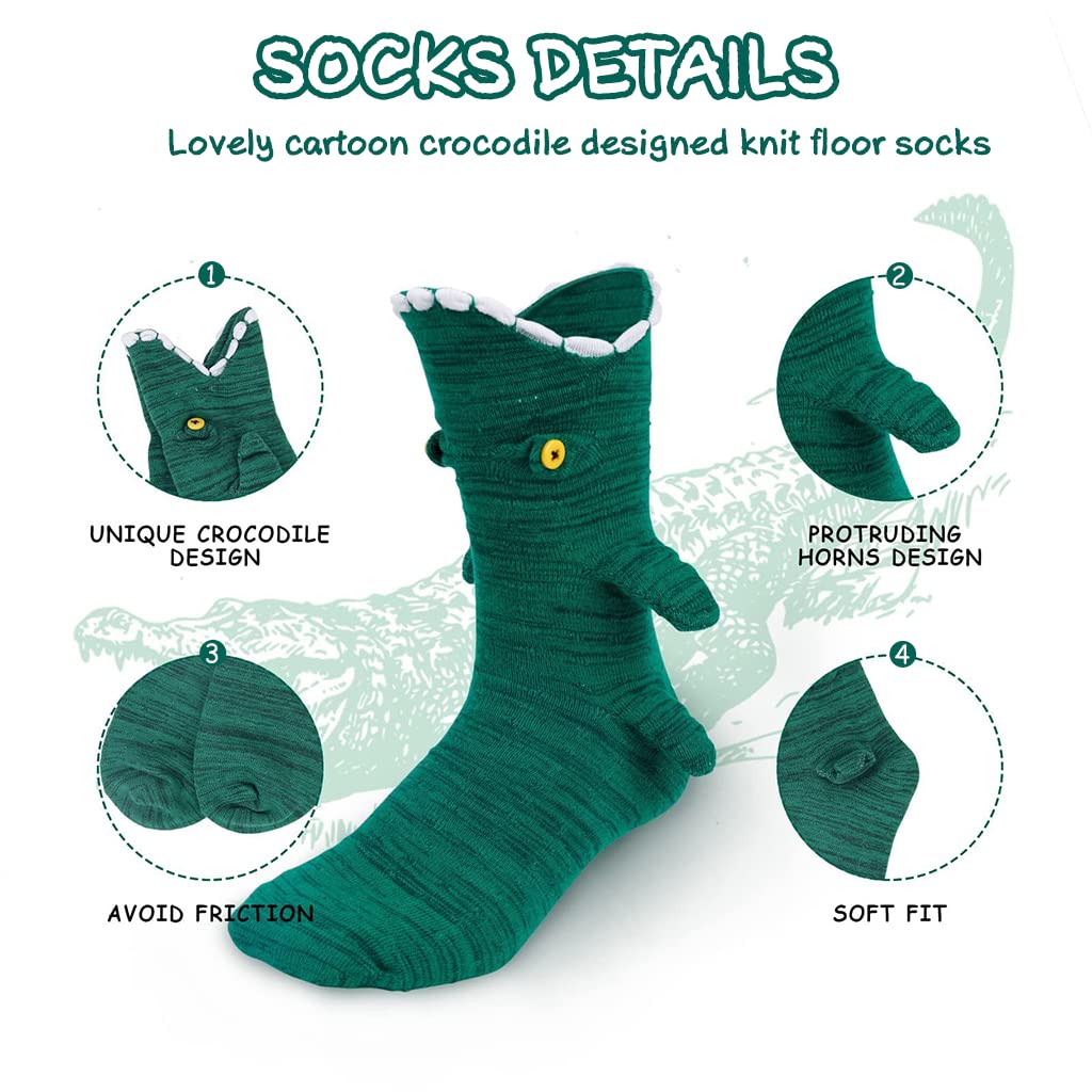 PALAY Floor Socks Cartoon Crocodile Mid-calf Socks Knit Warm Winter Socks Household Non-slip Cozy Socks for Pajama Party Christmas Gift for Women Teens(Green, One Pair)