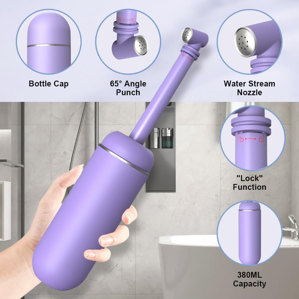 HANNEA Travel Bidet 380ml Portable Travel Bidet with Lid Sanitary Rinse Bottle with Retractable Spray Nozzle Leaking Proof Travel Bidet for Women, Personal Handheld Sanitary Bidet(Purple)