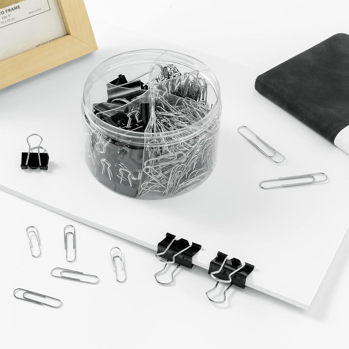 Climberty 340pcs Binder Clips & Paper Clips Set - Black Binder Clips Jumbo Paperclips Set, Large Paper Clips for Office, School Supplies, Binder & Paper Clips in Container with Compartment