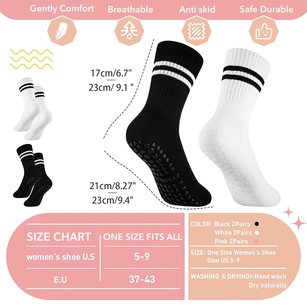 Proberos 2 Pair Yoga Socks for Women, Cotton Anti Skid Socks for Yoga/Pilates/Dance/Ballet, Anti Bacterial and Breathable Pilates Crew Socks for Daily Use, Home Workout