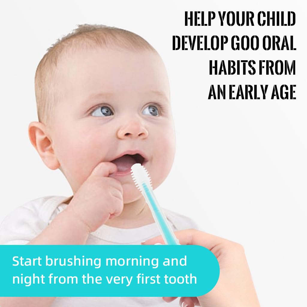 SNOWIE SOFT Baby Oral Cleaning Brush 2Pcs Baby Toothbrush Tongue Brush BPA Free Soft Silicone Bristle Oral Care Toothbrush for Baby 6 Month to 24 Months, Blue