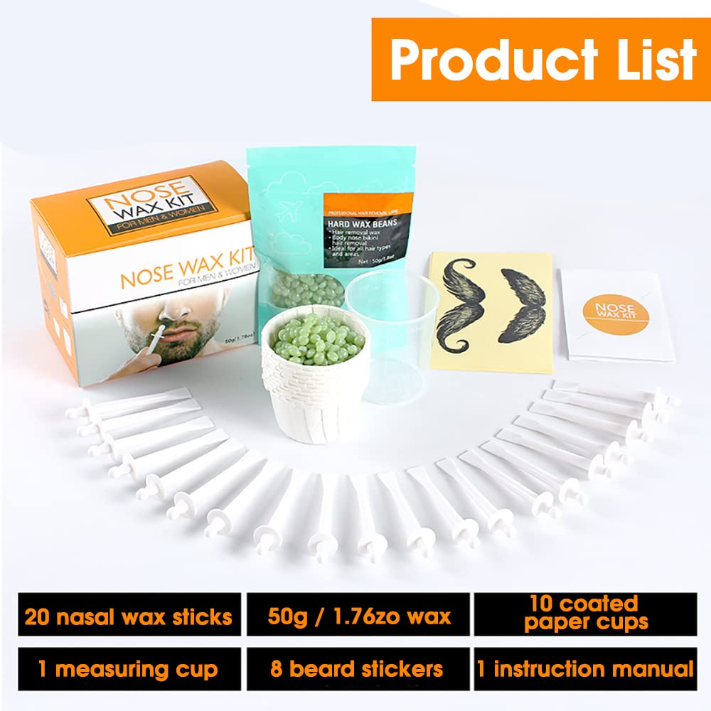 HANNEA Nose Wax Kit, Nose Hair Removal Waxing Kit for Men Women Eyebrows Ears Lips Facial Nose Hair Remover Wax, 50g Wax, 20 Applicators, 8 Moustache Stencils Stickers