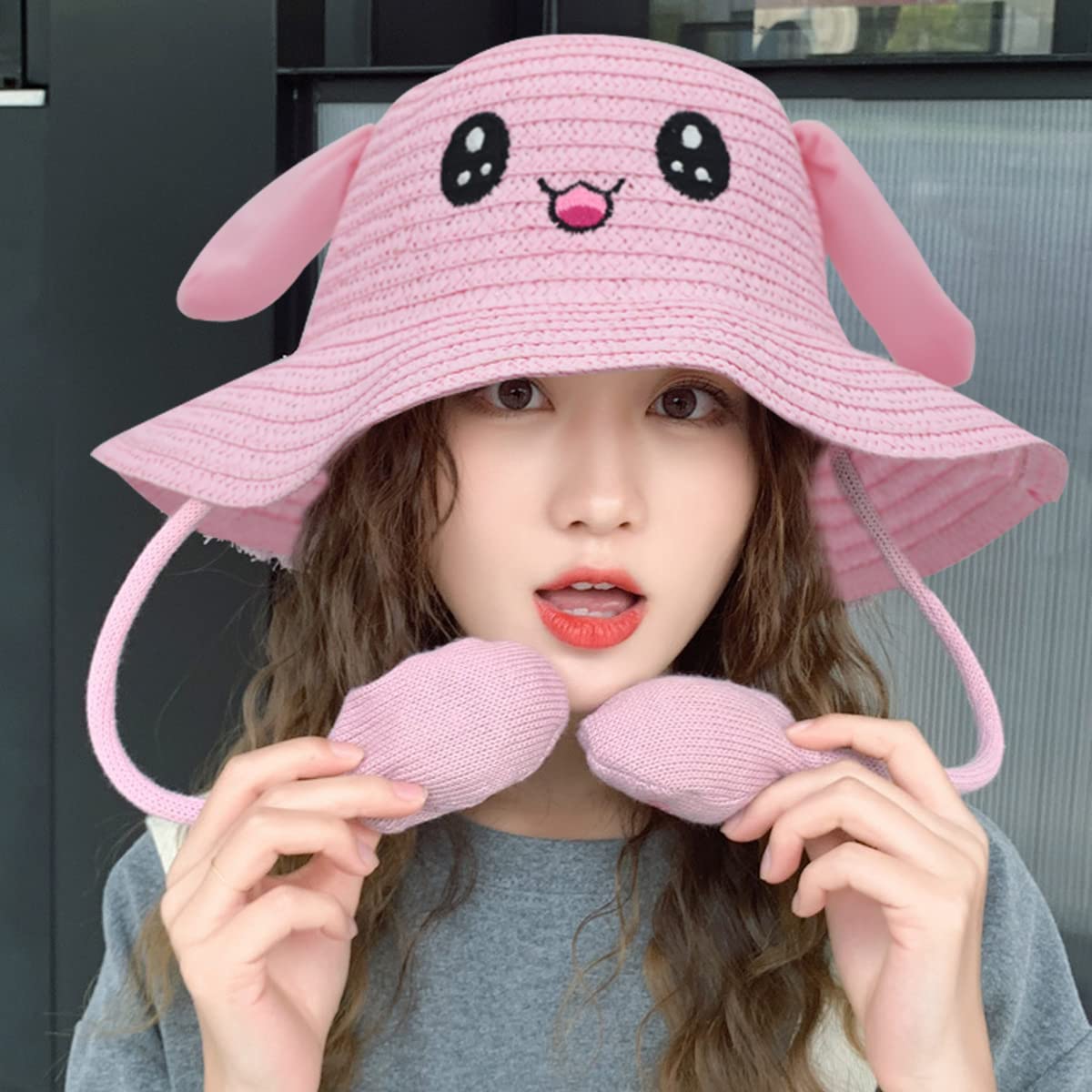 PATPAT Bunny Caps with Moving Ears, Straw Sun Hats for Women, Rabbit Moving Ear Flaps and Press Paws, Breathable Wide Brim Summer Beach Hat for Travel & Outdoor Activities, Bucket Hat for Girls Adult