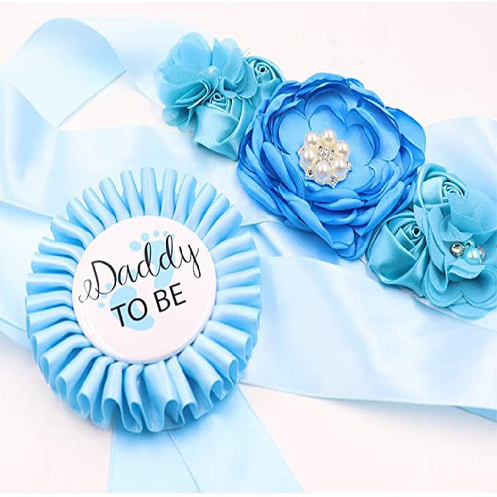 PALAY Mom to Be Flower Sash Set - Baby Shower Daddy to Be Corsage Pin - Flower Belt for Maternity Dress - Pregnancy Photo Props Supplies-Blue