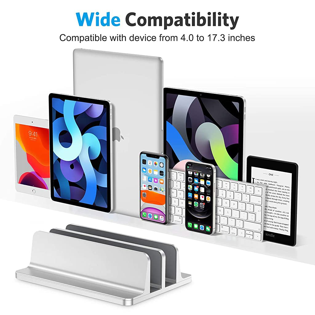 ZIBUYU Laptop Stand Vertical Desktop Aluminum Laptop Stand Holder with Adjustable Dock Stand with Dual Slots All Laptop MacBook, iPad, Dell, Asus, Lenovo, Microsoft (Up to 17.3 inch) - Silver
