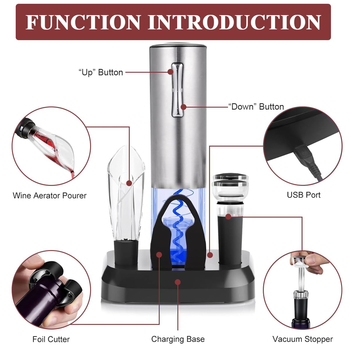 HASTHIP Electric Wine Opener with Charging Base, Rechargeable Automatic One-Button Corkscrew Opener Kit with Foil Cutter, 2pcs Vacuum Stopper and Wine Aerator Pourer for Home Party Wedding