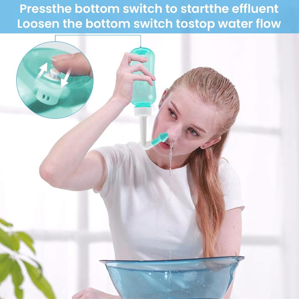 HANNEA® Nose Wash System Combo, 300ml Neti Pot for Sinus Rinse, Nasal Irrigation, 2 Nozzles, Adult & Kids Allergy Relief, Sinus Cleanser, Pressure Wash for Home & Travel