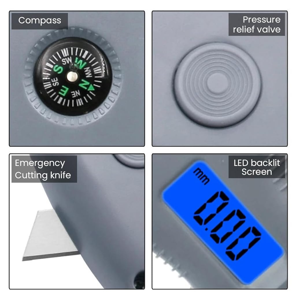 STHIRA Digital Tyre Air Pressure Guage Tread Depth Gauge 8 in 1 Tyre Air Pressure Guage LCD Backlight Multifunctional Tyre Air Pressure Guage with Safety Hammer, Belt Cutter, Battery Operated