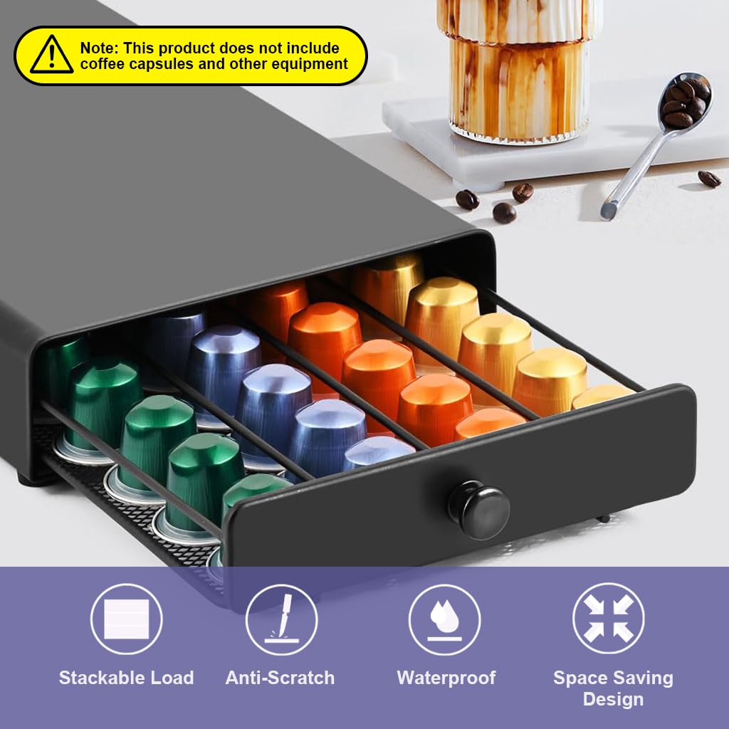 Supvox Coffee Pod Organizer Ne-spresso Pods Organizer Drawer Organizer Holder for 40 Pack Coffee Pod Dustproof Coffee Pod Sliding Drawer Kitchen Counter Coffee Pod Organizer Black