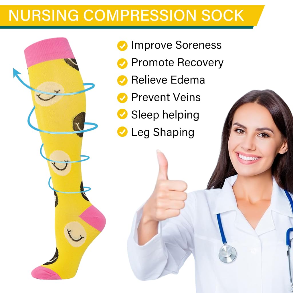 Proberos Women Knee-high Socks Calf Compression Socks Fashion Print Polyester Cotton Breathable Sport Compression Socks Anti-slip Leg Compression Socks for Running, Workout, Training, Yellow
