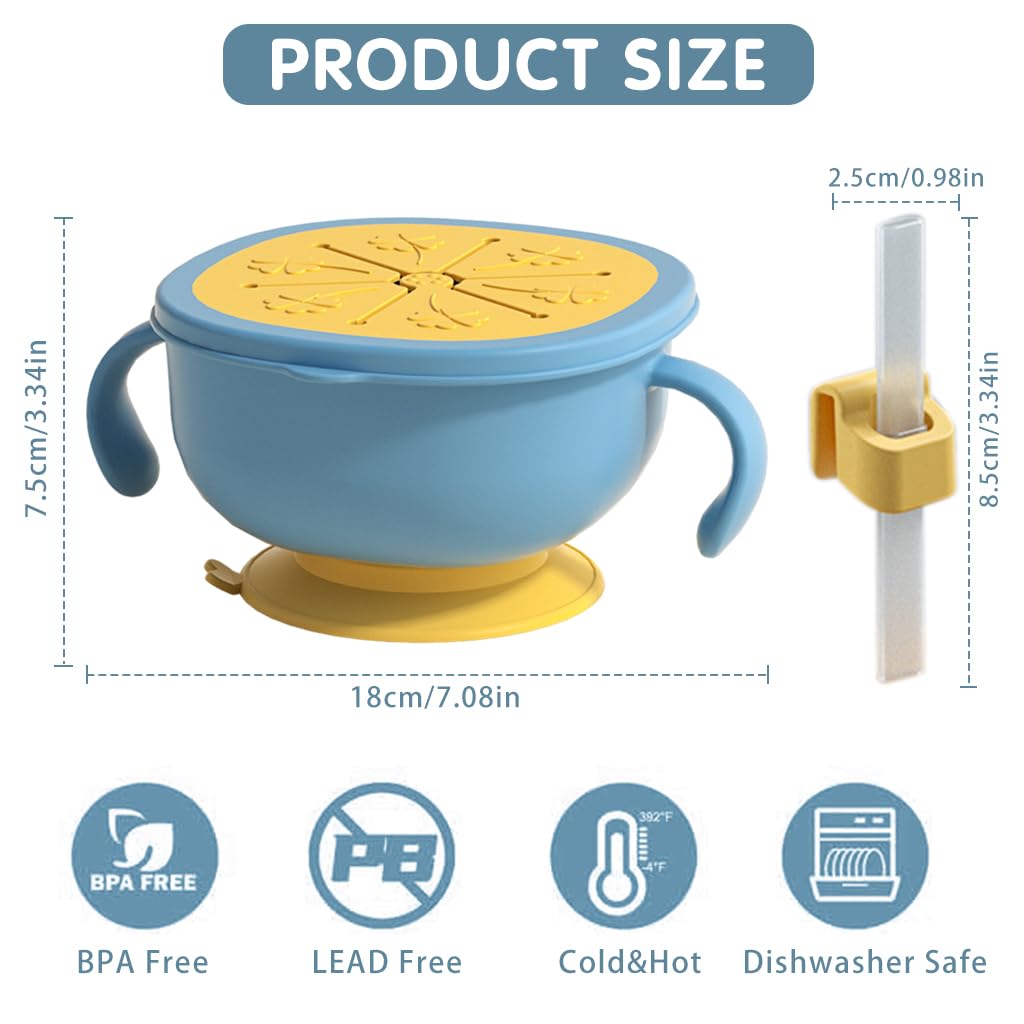 SNOWIE SOFT Baby Food Bowl 250ml Food-Grade Silicone Food Bowl Snack Cup Dual Ear Toddler Snack Cup Baby Sippy Cup Soup Bowl with Sippy & Lid, Bottom Suction Cup Design, Dishwasher Safe
