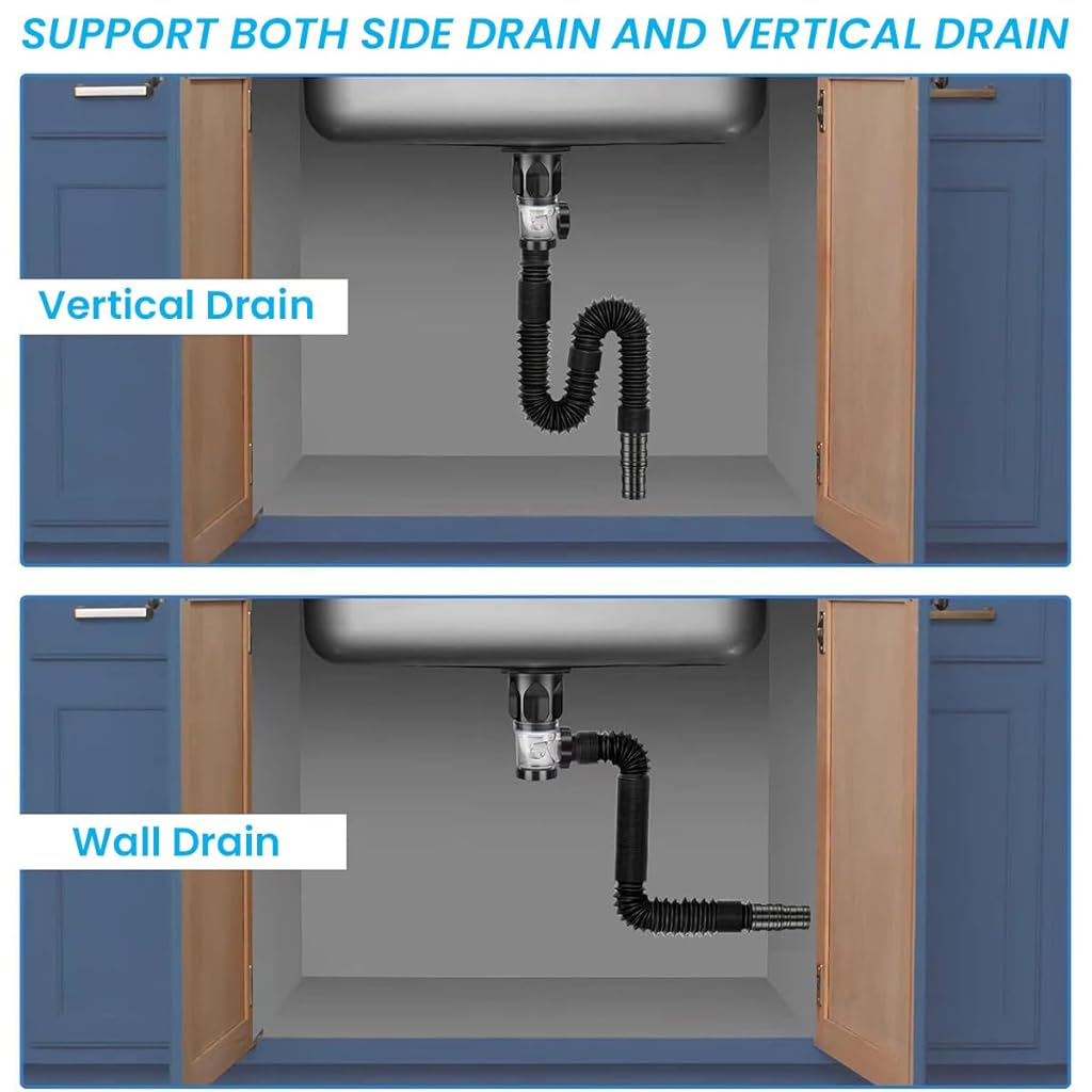 HASTHIP® 2PCS Flexible Adjustable Plastic Sink Drain Kit, Anti-Odor & Anti-Clog Pop-Up P-Trap Pipe Set, Stainless Steel + ABS, Leak-Proof, Fits 3-4.5cm Hole, for Kitchen/Bathroom, Easy Install