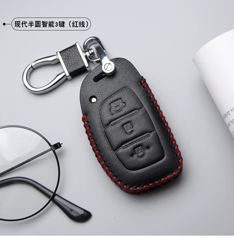 HASTHIP Red Stitching Soft Leather 3 Button Smart Car Key Case Cover for Hyundai with Keychain