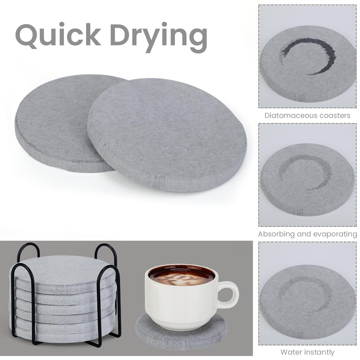 HASTHIP 6Pcs Cup Coasters 3.9 Inches Round Grey Cup Coasters Quick Dry Water Absorbent Diatomaceous Earth Coasters Kitchen Cup Coasters