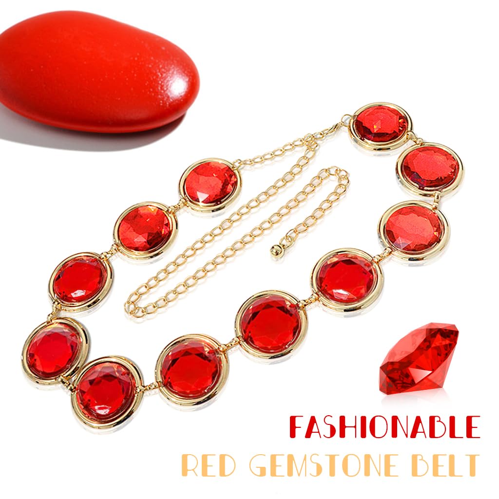 PALAY Waist Belt Fashion Red Gem Chain Belt for Women 45.2 Inches Adjustable Luxury Round Gem Chain Metal Chain Belt for Dress, Skirt, Shirt