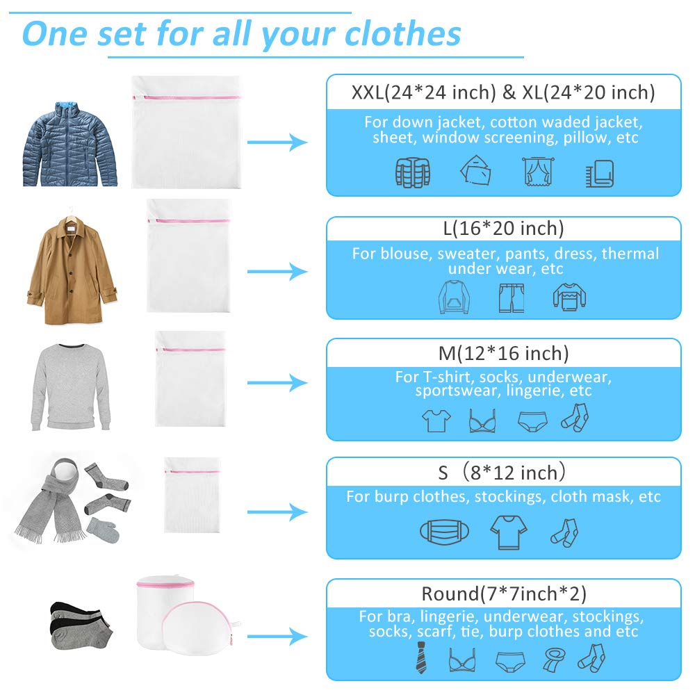 HASTHIP 5PCS Mesh Laundry Clothes Washing Bag, Laundry Bags Coarse Mesh Wash Bags with Zipper for Washing Machine, Delicates, Lingerie, Socks, Bra, Shoes