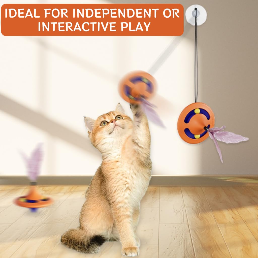 Qpets Cat Toys for Kids, Interactive Cat Toys for Persian Cat, Cat Toy for Indoor Cats Feather Teasing Toy, Rotatable Spinning Top Cat Turntable Toy with Suction Cup & Hanging Feather