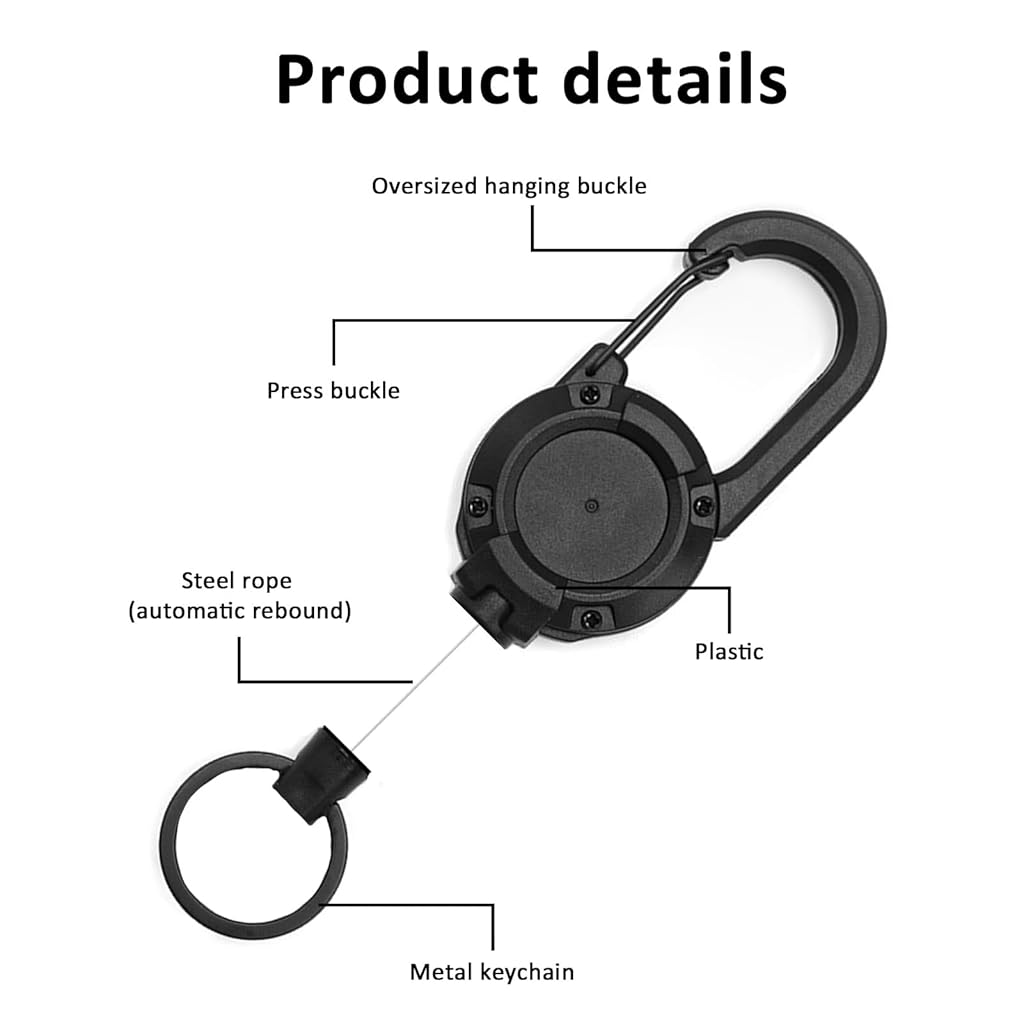 HASTHIP® 2Pcs Heavy Duty Lanyard Badge Reel with 23.6'' Steel Cord, Retractable Keyring for Outdoor - Black