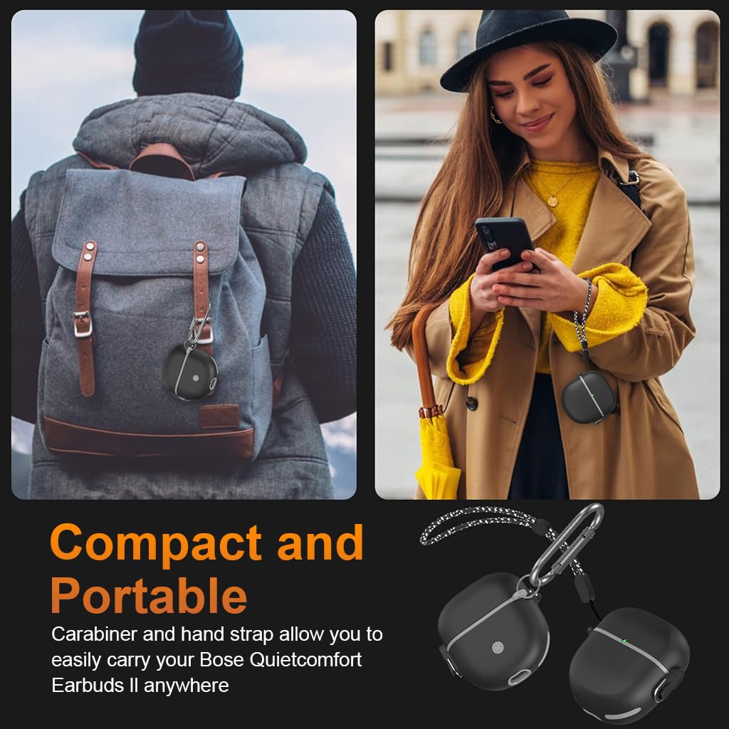 ZORBES Protective Case for QuietComfort Earbuds II 2022, Shockproof Case for QuietComfort Earbuds II Charging Case Charging Case TPU Protective Cover with Lanyard and Keychain (Black)