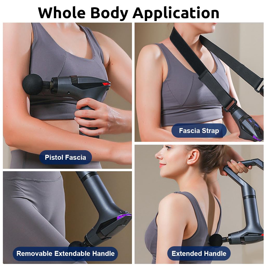 HANNEA Fascial Gun Cordless Deep Muscle Stimulator with 4 Attachment Massager Heads & Extender Handle & Massager Belt, 12 Intensity Levels Switchable Electric Massager Deep Muscle Relaxation