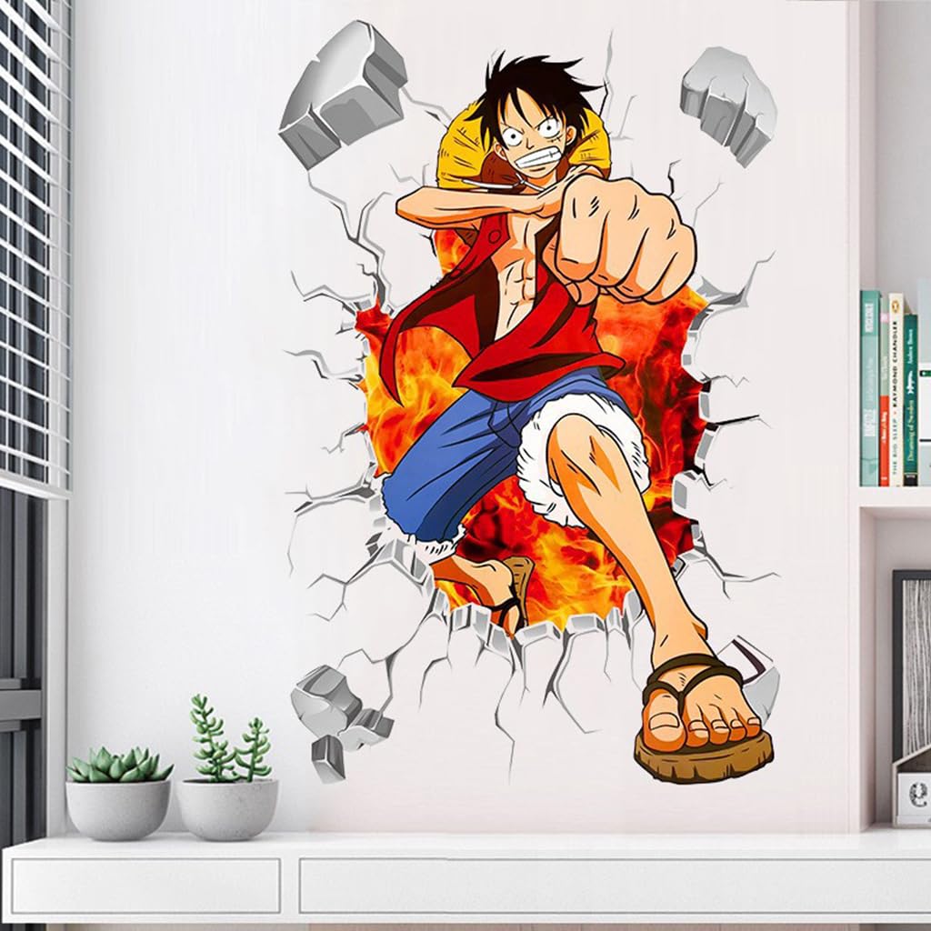 HASTHIP 1 Sheet 3D Wall Paper Sticker Anime Onepiece Monkey D Luffy 3D Wall Paper Self Adhesive PVC Wall Paper Removable Cartoon 3D Wall Paper for Kids Room, Bed Room, Living Room, 19.6 x27.5 inches