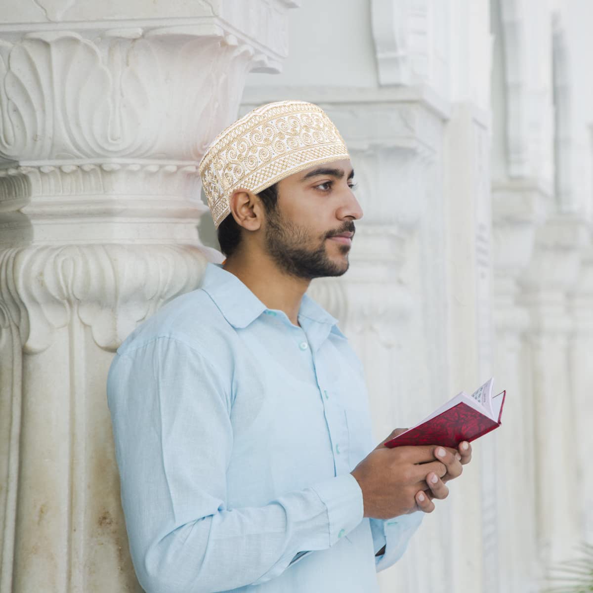 GUSTAVE Muslim Cap for Men Muslim Top Hat Traditional Worship Hat Embroidered Muslim Cap for Men, Size M, Beige