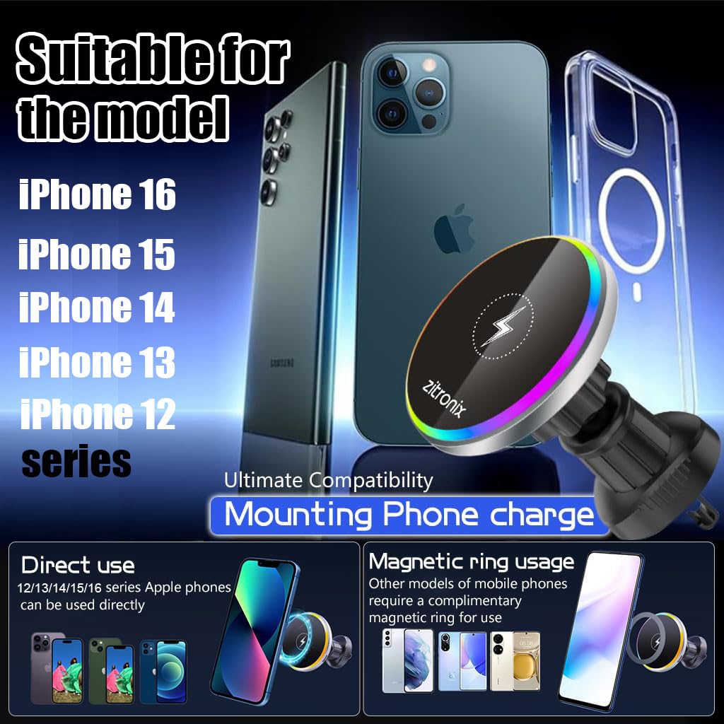 zitronix wireless car charger, 15W MagSafe Wireless Charger for car,with Air Vent Phone holder Mount for iPhone15,14,13,12series,
