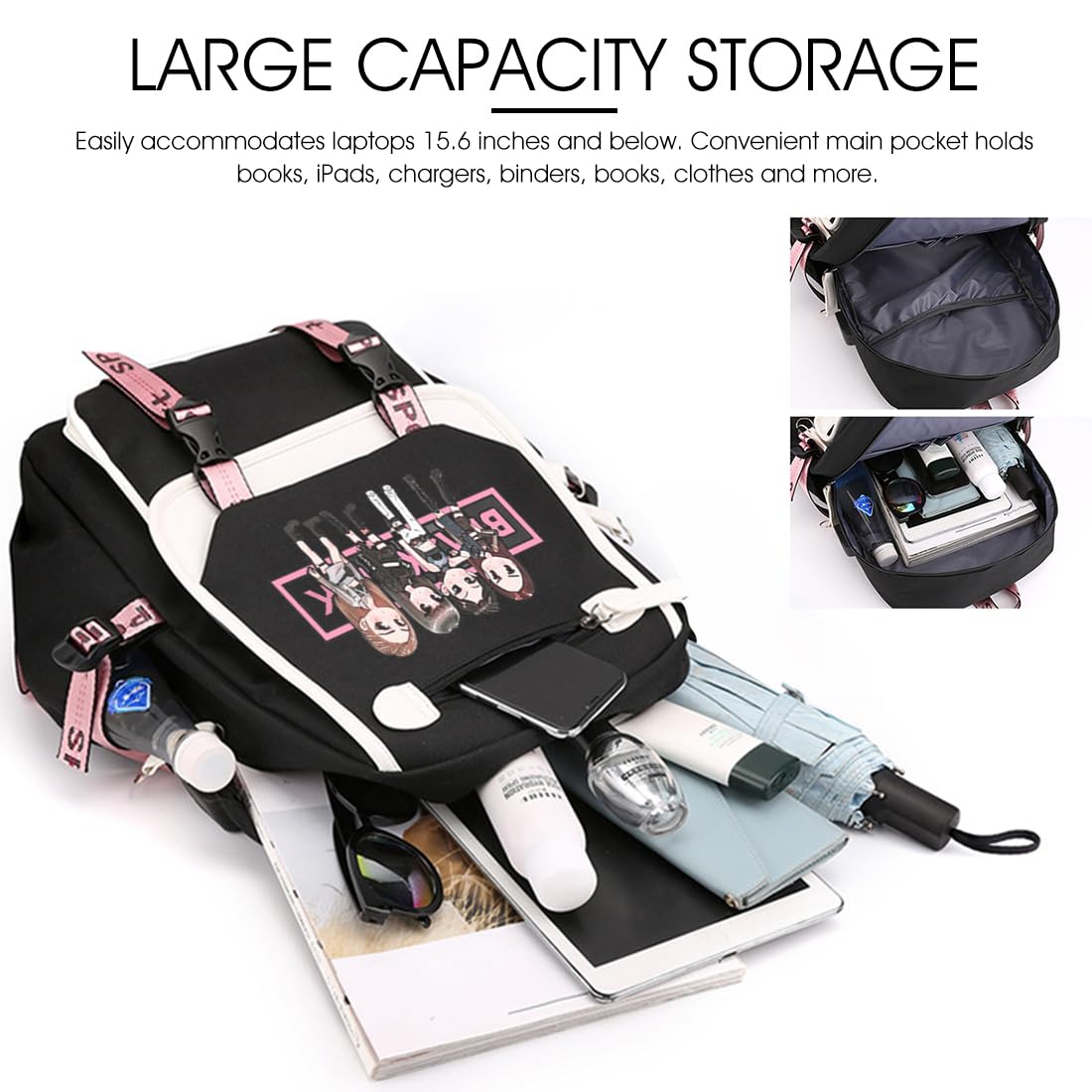 PALAY Blackpink School Backpack For Girls School Bag With Usb Charging & Headset Port Kpop Idol Print Laptop Backpack College School Bookbag For Boys