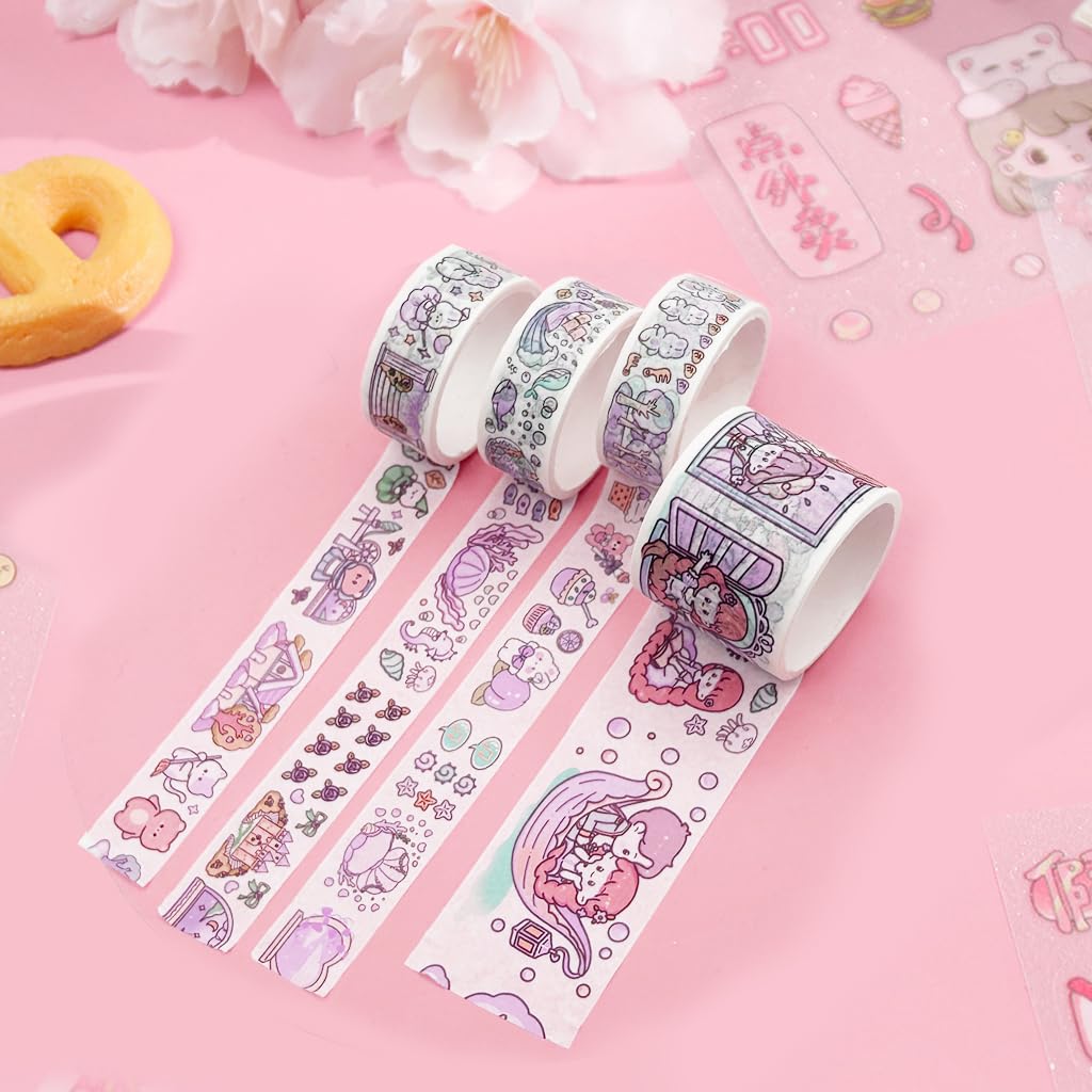 HASTHIP 4 Rolls Kawaii Scrapbooking Cartoon Sticker Tape Masking Tape with 4 Sheet Cute Cartoon Stickers DIY Decorative Stickers for DIY Art Craft Album Scrapbook Diary Gift Decoration, Pink