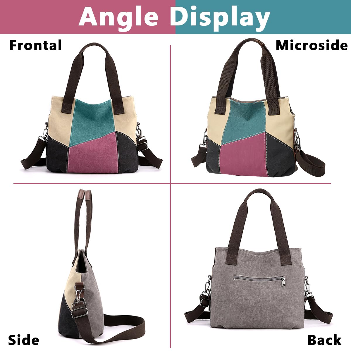 PALAY Canvas Tote Shoulder Bag Handbag for Women Fashion Patches Style Tote Bag with Detachable Shoulder Strap Large Canvas Tote Bag for Daily Work Bag for Women