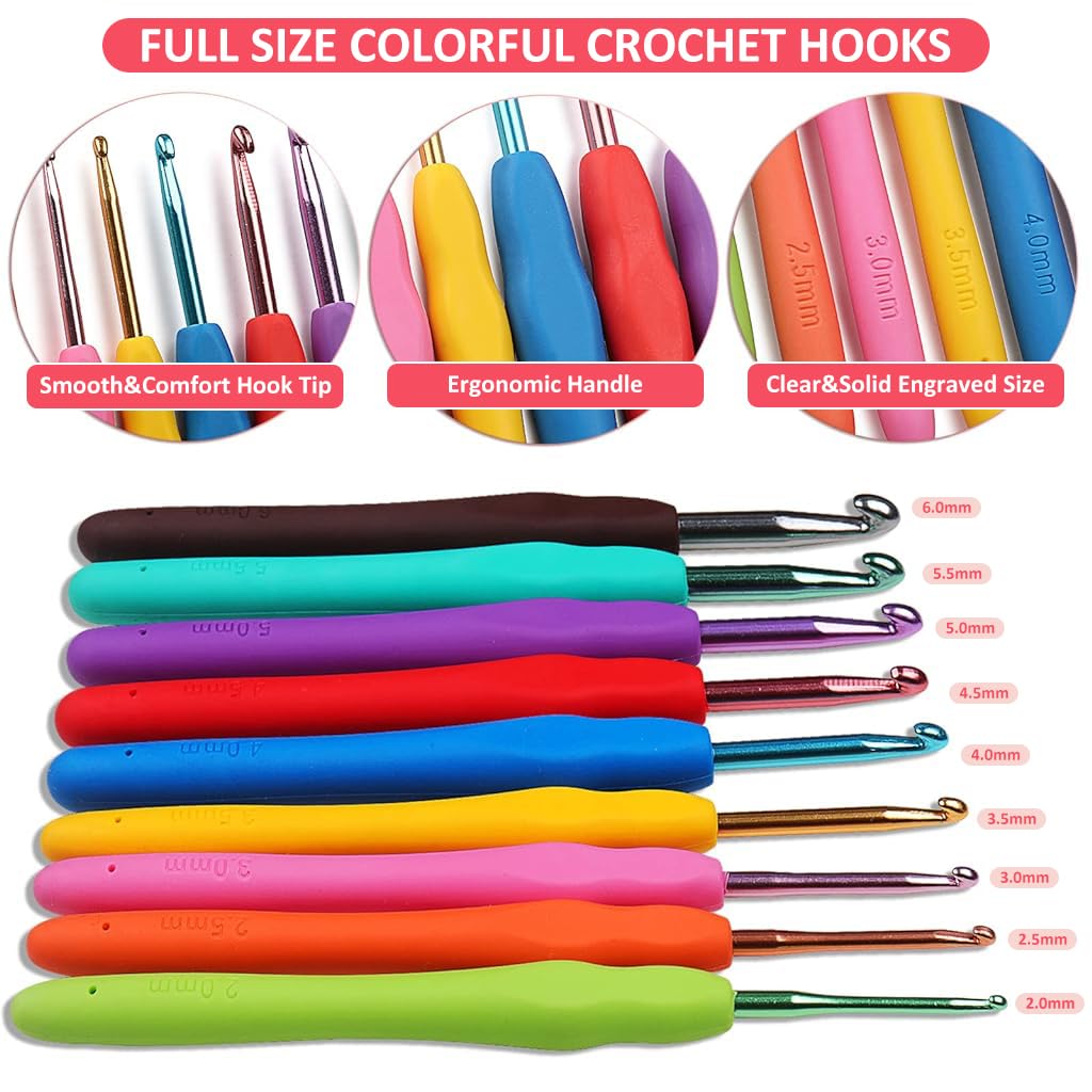 HASTHIP Crochet Hook Set Full Size Crochet Hook Set 9 Sizes Crochet Kits &12 Sizes Lace Crochet Kits Yarn Needles Stitch Markers Storage Bag for DIY Craft Crochet Bag Crochet Flowers Crochet Shrug