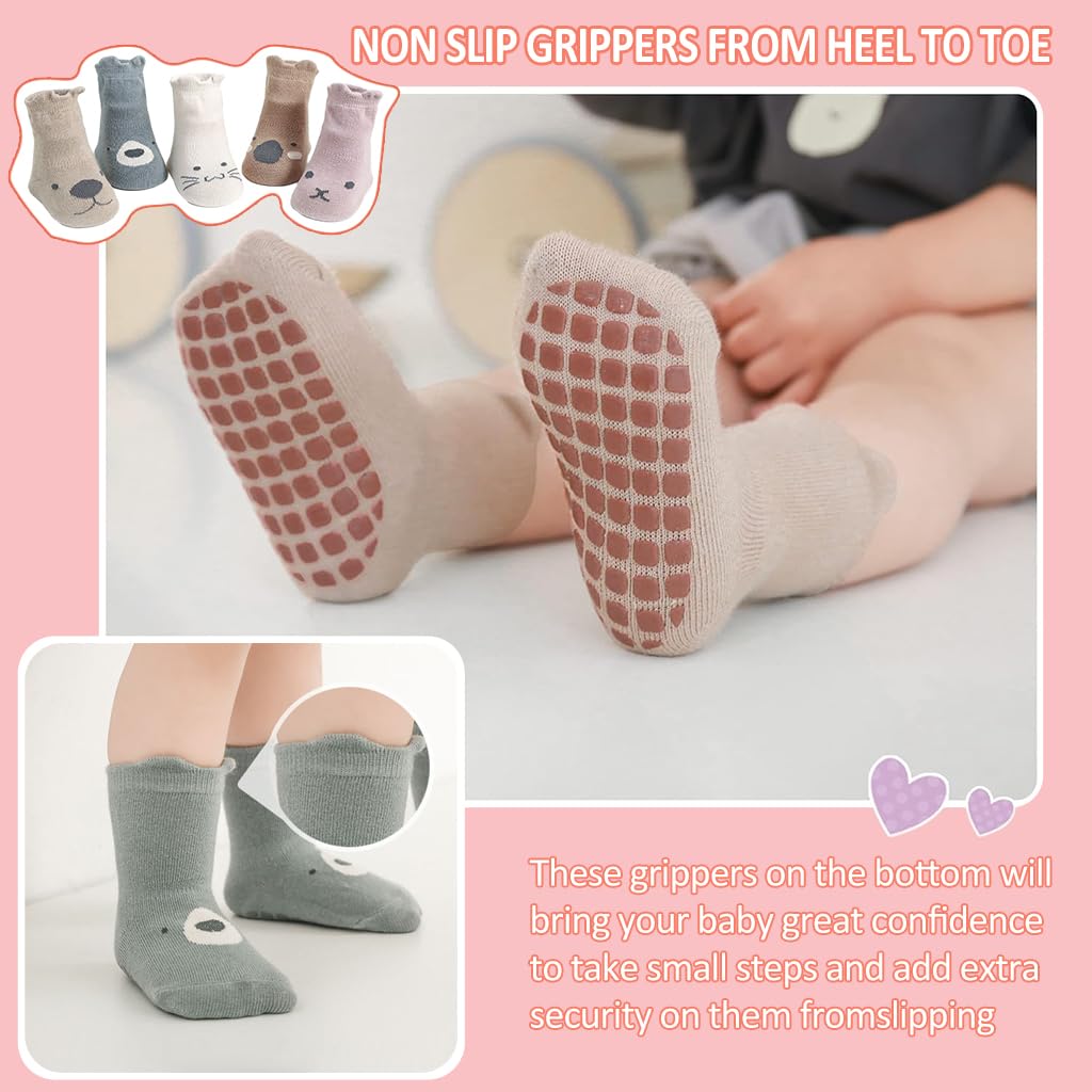 SNOWIE SOFT 5 Pairs Baby Socks Set 1-3 Years, Antislip Socks for New Born Baby, Non Slip Grip Ankle Socks with Non Skid Soles Infants Socks for Toddler Baby Girls Boys 12-36 Months Baby Shower Gifts
