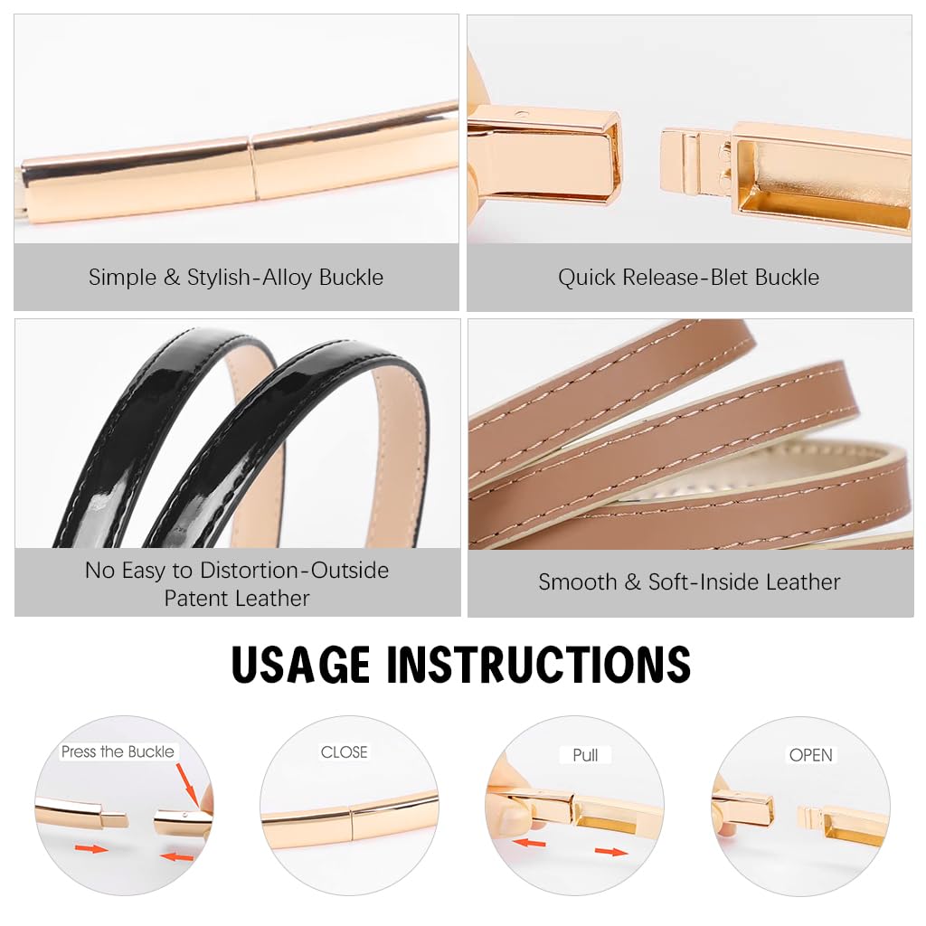 PALAY 2Pcs Waist Belt for Women, PU Leather Belts for Women, Fashion Slim Women Belt, Ladies Gold & Black Belt for Women Dresses, Blazer, Sweater, Shirt (Interlock Metal Buckle Design)