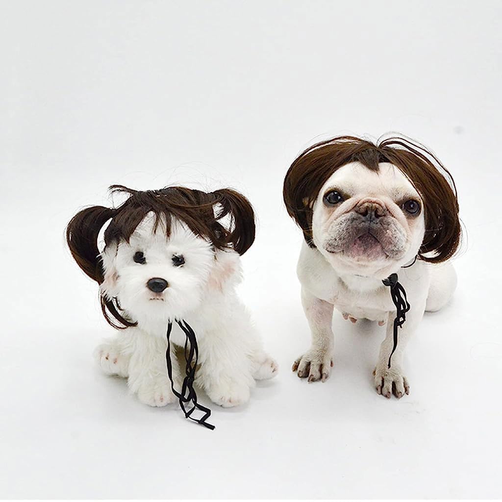 Qpets Funny Dog Wig with Adjustable Chin Strap Pet Funny Wig for Halloween, Festival, Party Straight Brown Hairpiece for Dog Party Dress Up for Dog