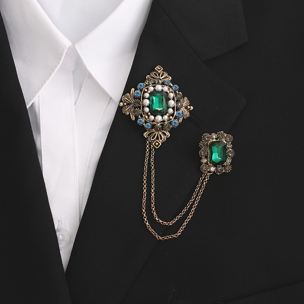 SANNIDHI Rhinestone Brooch Emerald Setting Sherwani Brooch Pins for Coat/Robe/Gown/Shawl, Saree Brooch for Women Heavy Duty Zinc Alloy Chain Brooch for Men Brooch, Gold