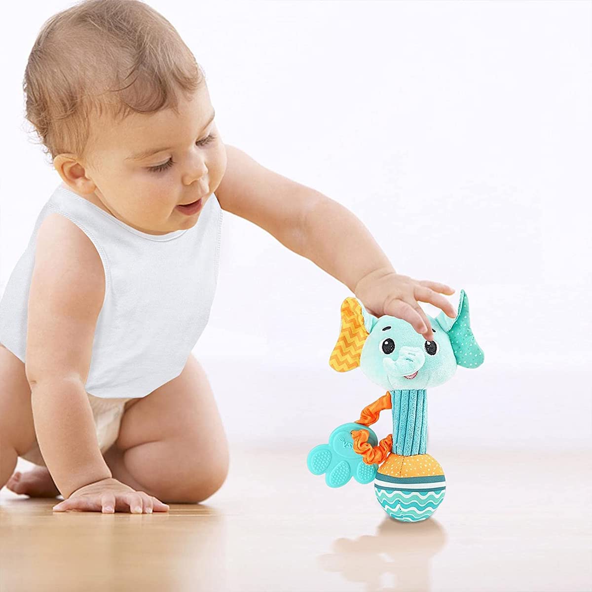 PATPAT Rattles for 6 to 12 Months with Teether, Baby Stuffed Toys Elephant Rattle with Elastic Hand Rope, Sensory Toys for Kids, Soft Toys for Babies Cartoon Animal for Toddler, New Born Baby Gifts