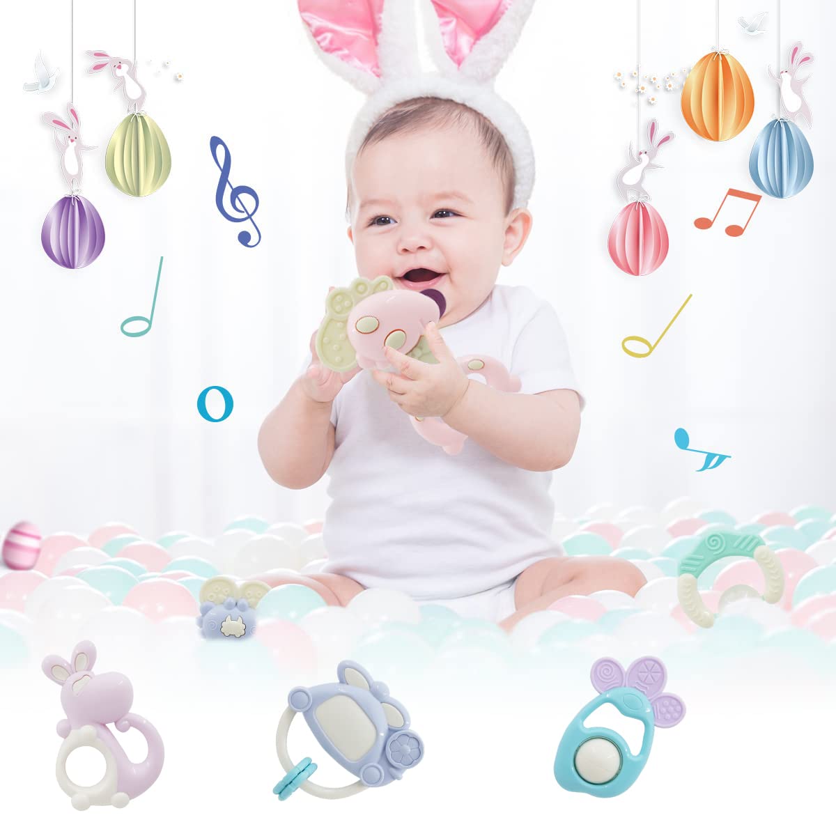 SNOWIE SOFT 6pcs Hanging Toys and Teether for Babies 3 to 12 Months, BPA-Free Rattle Set for New Born Babies, Cute Cartoon Rattle Toy Teething Toys for Baby Gift