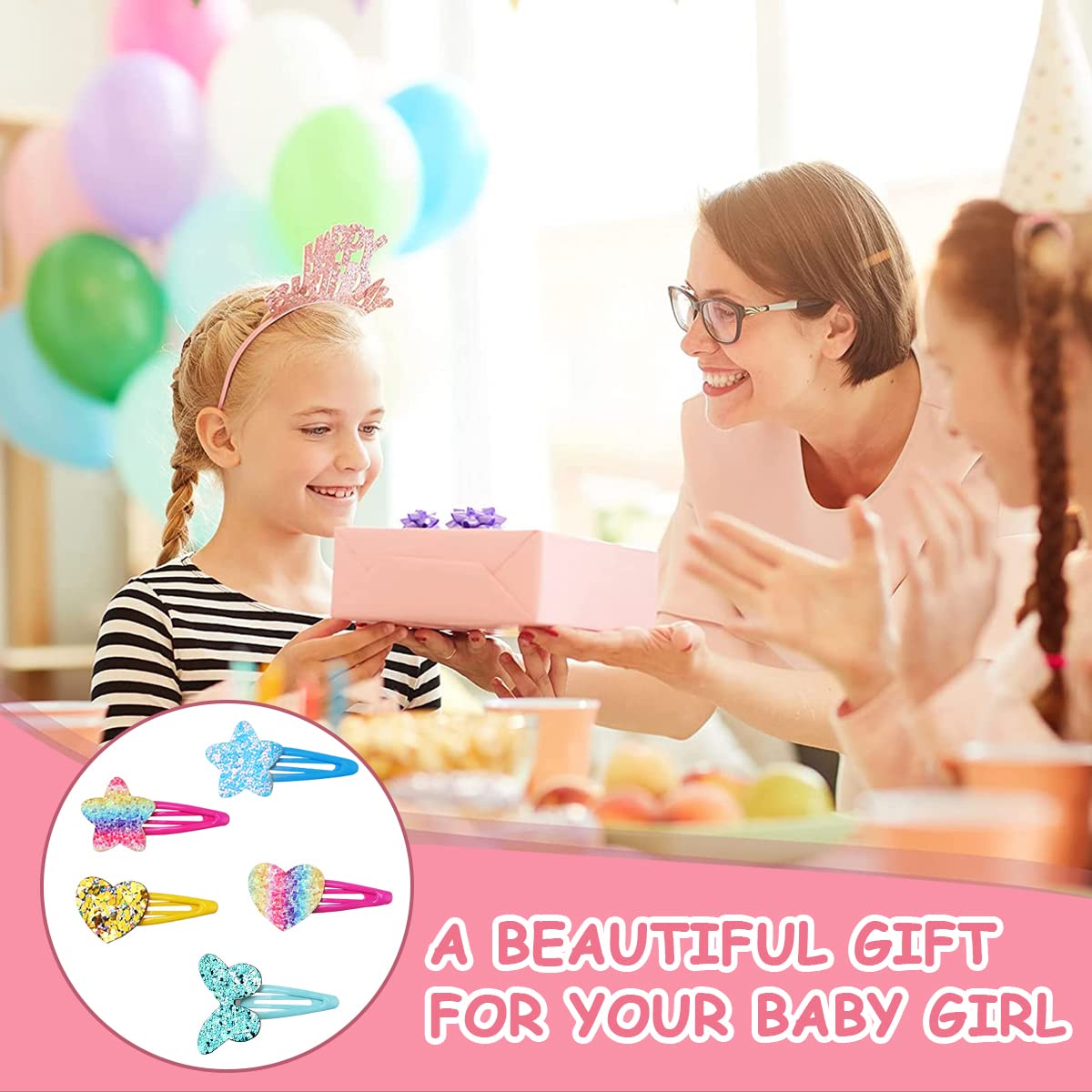 PALAY 24pcs Hair Clips for Girls Kids, Sparkle Glitter Sequins Metal Snap Hair Pins Barrettes Star/Heart/Butterfly Shaped Hair Accessories for Baby Girls Gift Set