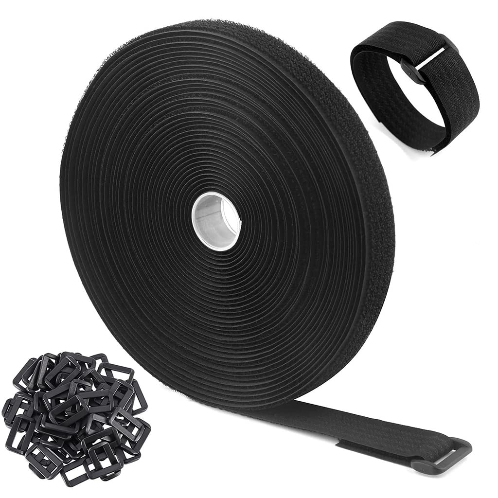 HASTHIP Cable Organiser, Cable Ties Strap, Adjustable Multipurpose Hook and Loop Securing Straps for Wire Tie Curtain Marker Straps Belts, 5m+25 Plastic Buckles