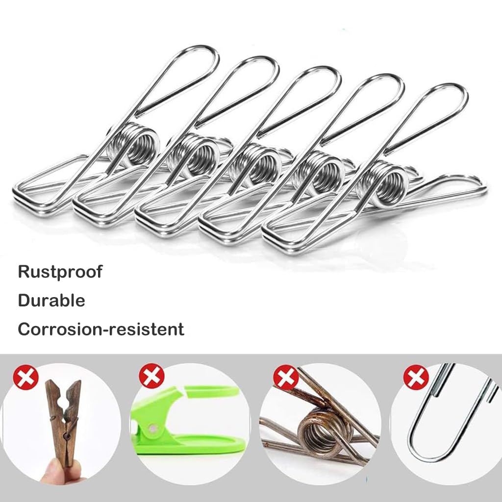ZIBUYU 20Pcs Metal Clothes Clips Cloth Pins 2.1'' Clothes Drying Clips Clothes Line Stainless Steel Clips Clip Hangers for Clothes Multipurpose Home Office Metal Line Clips for Files, Snacks Bag Seal