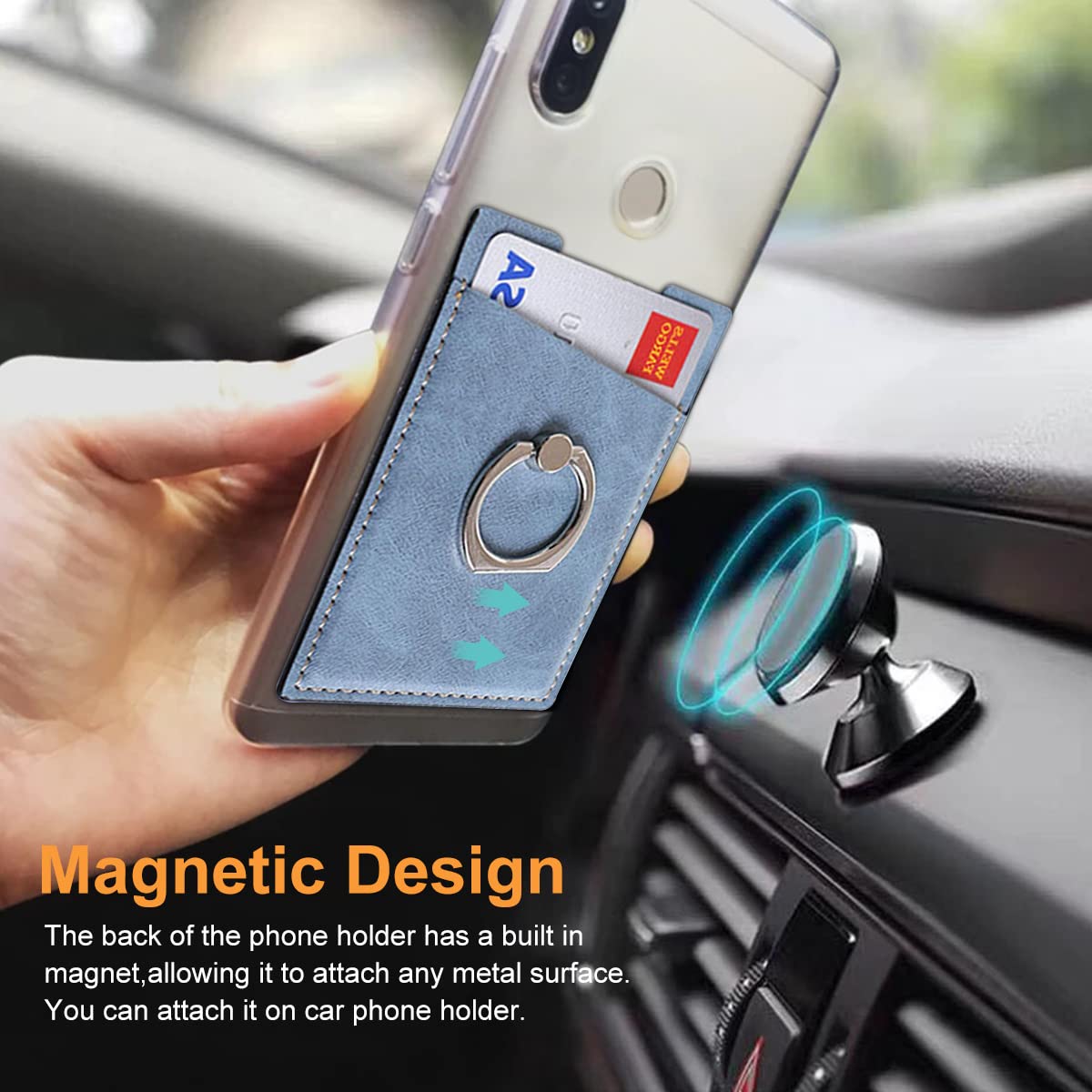 ZORBES Phone Card Holder for Smartphones with Finger Ring Stand-Slim Card Pocket -Blue2