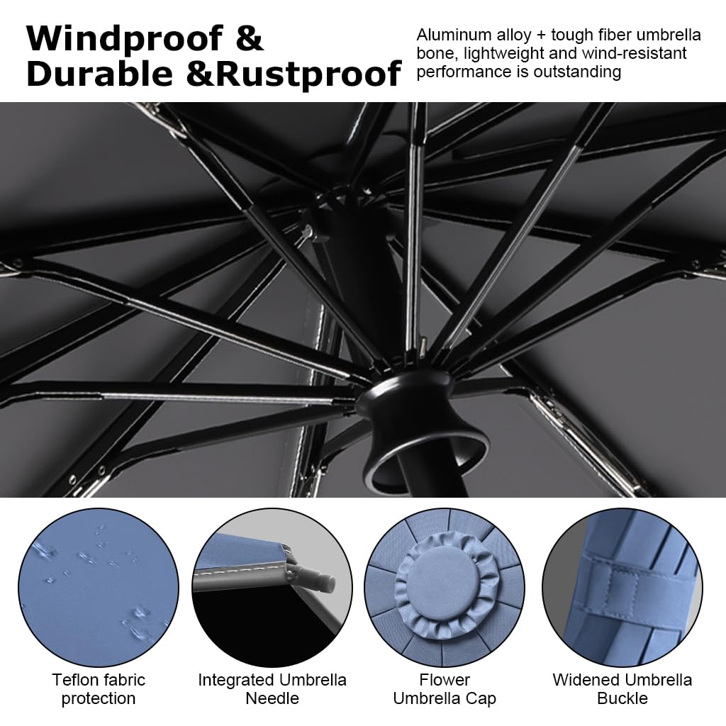 PALAY Large Umbrella for Men Women with Reflective Strap, 50'' Automatic Open/Close Windproof Travel Folding Umbrella, Reinforced 10 Dual Ribs, 99 UV Protection Umbrella with Carabiner Handle Design