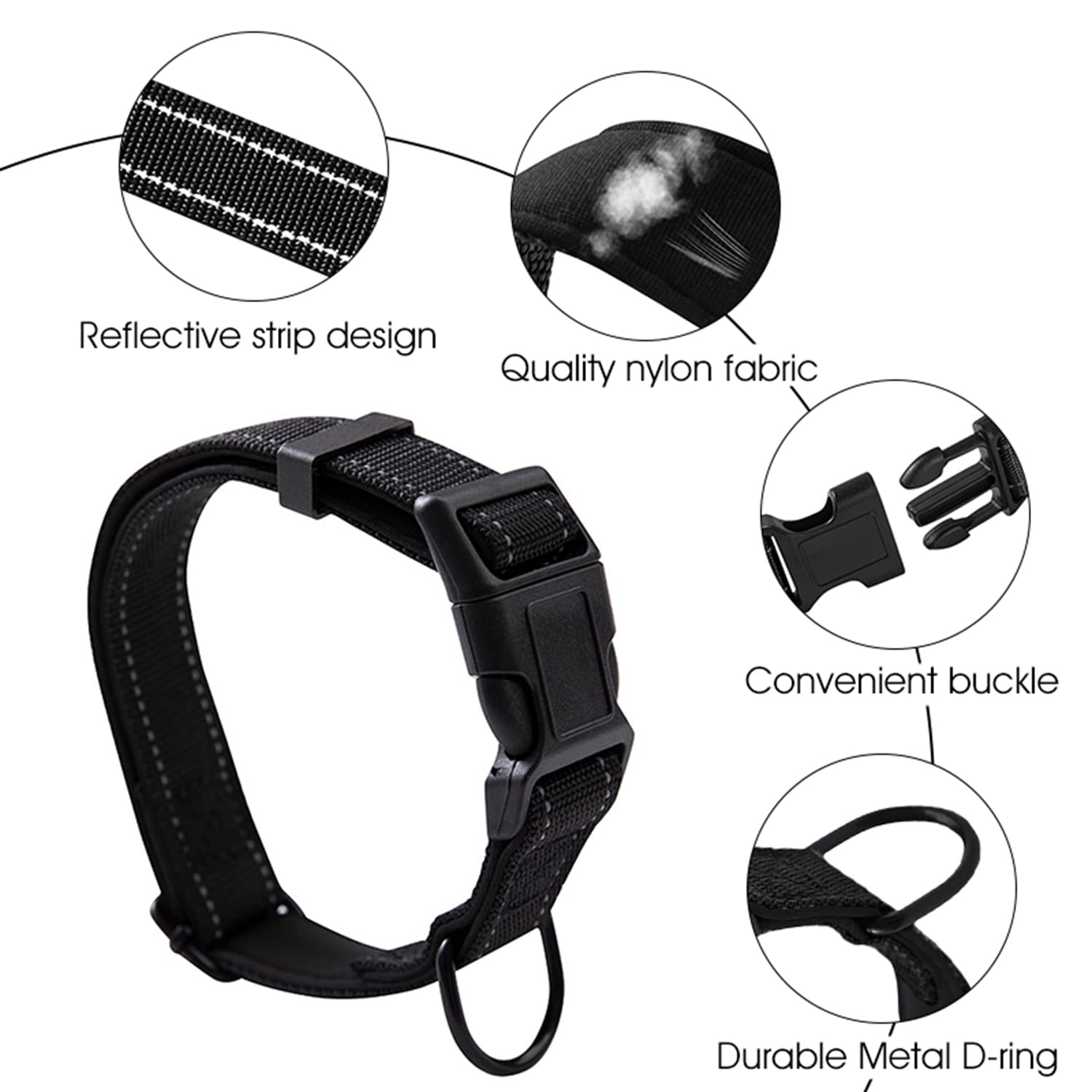 Qpets Reflective Strong Dog Collar for Medium Large Dogs, Nylon Tactical Dogs Collar with Reflective Safety Strip Leash Ring, Dog Training Collar Quick Release Buckle(L, 18.9''-23.2'')