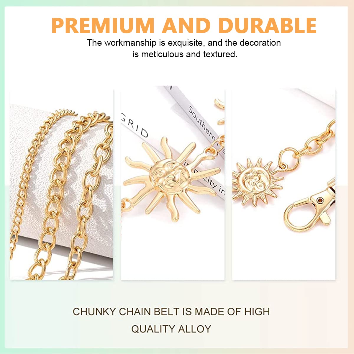 PALAY Chain Waist Belts for Women, Trendy 3-Layer Metal Chain Belt for Women Dresses, Sun Element Decor Gold Body Belly Belt Accessories, Matched with Suits, Jeans, Shirts, Dress