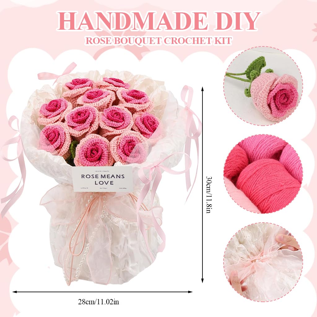 HASTHIP DIY Rose Bouquet Crochet Material Kit Gradient Pink Rose Bouquet Crochet Kit with Yarn, Crochet Hook, Stitch Marks, Step By Step Tutorial, DIY Crochet Art Kit Christmas Birthday Gift