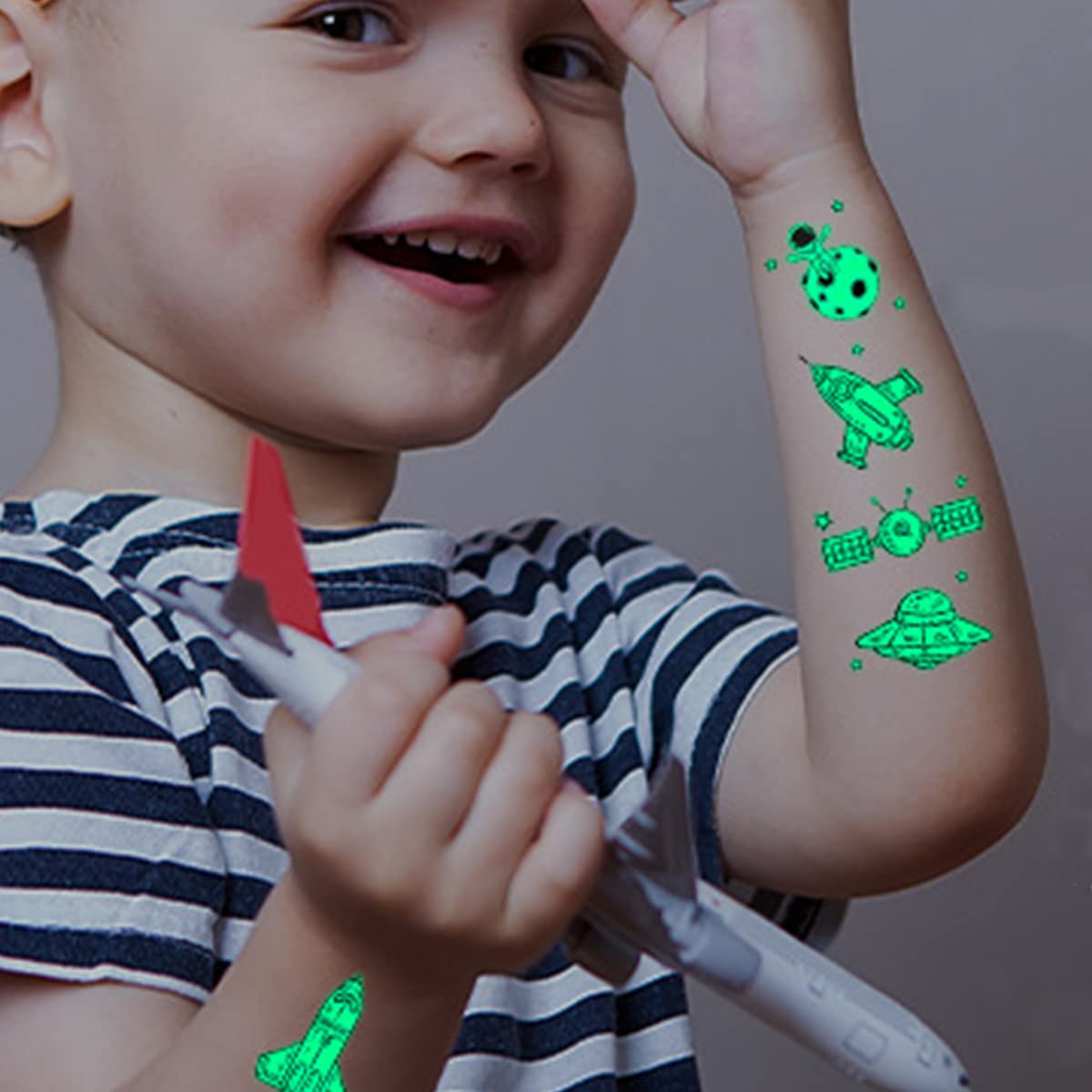 MAYCREATE 10 Sheets Waterproof Cartoon Temporary Tattoo Sticker Night Glow Sticker, Outer Space Astronaut Theme Cartoon Sticker for Boys Girls Party Sticker Party Supplies